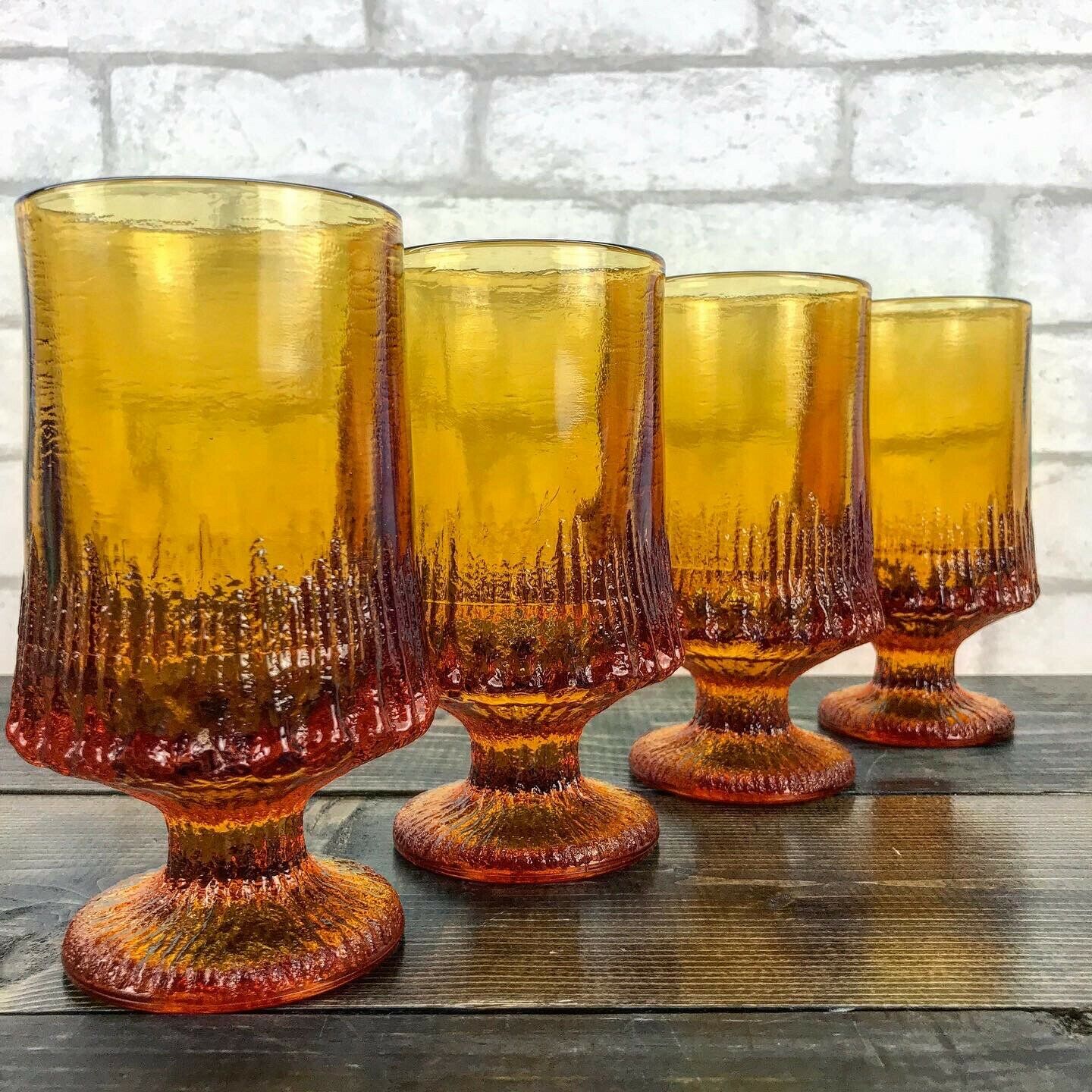 Vtg Heavy Textured Amber Glasses Set Of 4 Goblet Style 12oz Fostoria Glasses