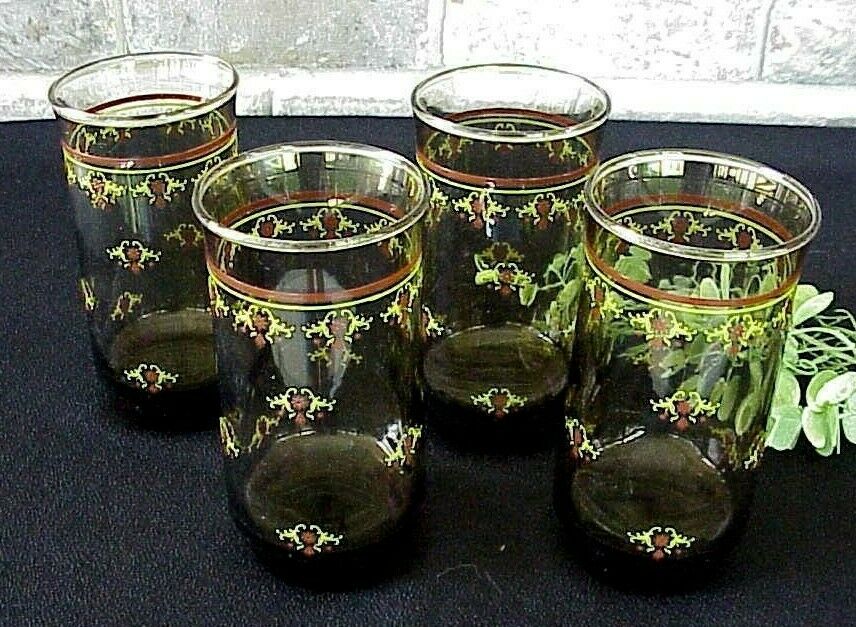 Vintage Tawny Brown Drinking Glasses Glassware Green Floral Design Bands (4)
