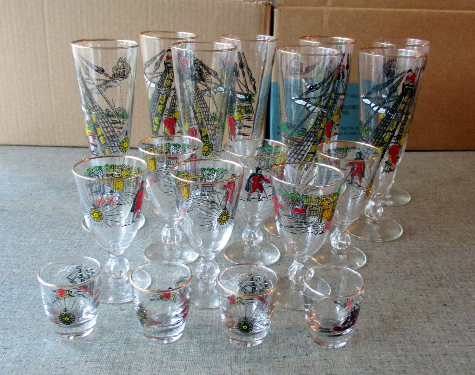 Lot Of 18 Treasure Island Pirate Motif Barware Glasses~ 8 Pilsner 6 Wine 4 Shot