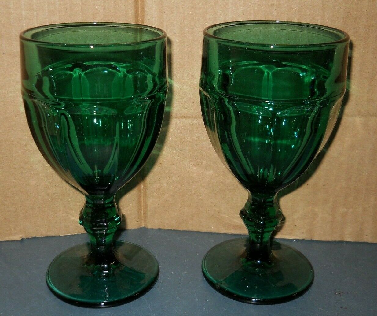 Vintage 2 Libbey Glass Teal Dark Green Goblets Duratuff 6 3/4" Tall