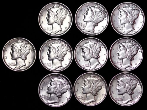 Lot Of 5 Coins Au / Unc Mercury Silver Dimes Some D And S Mint Free Shipping