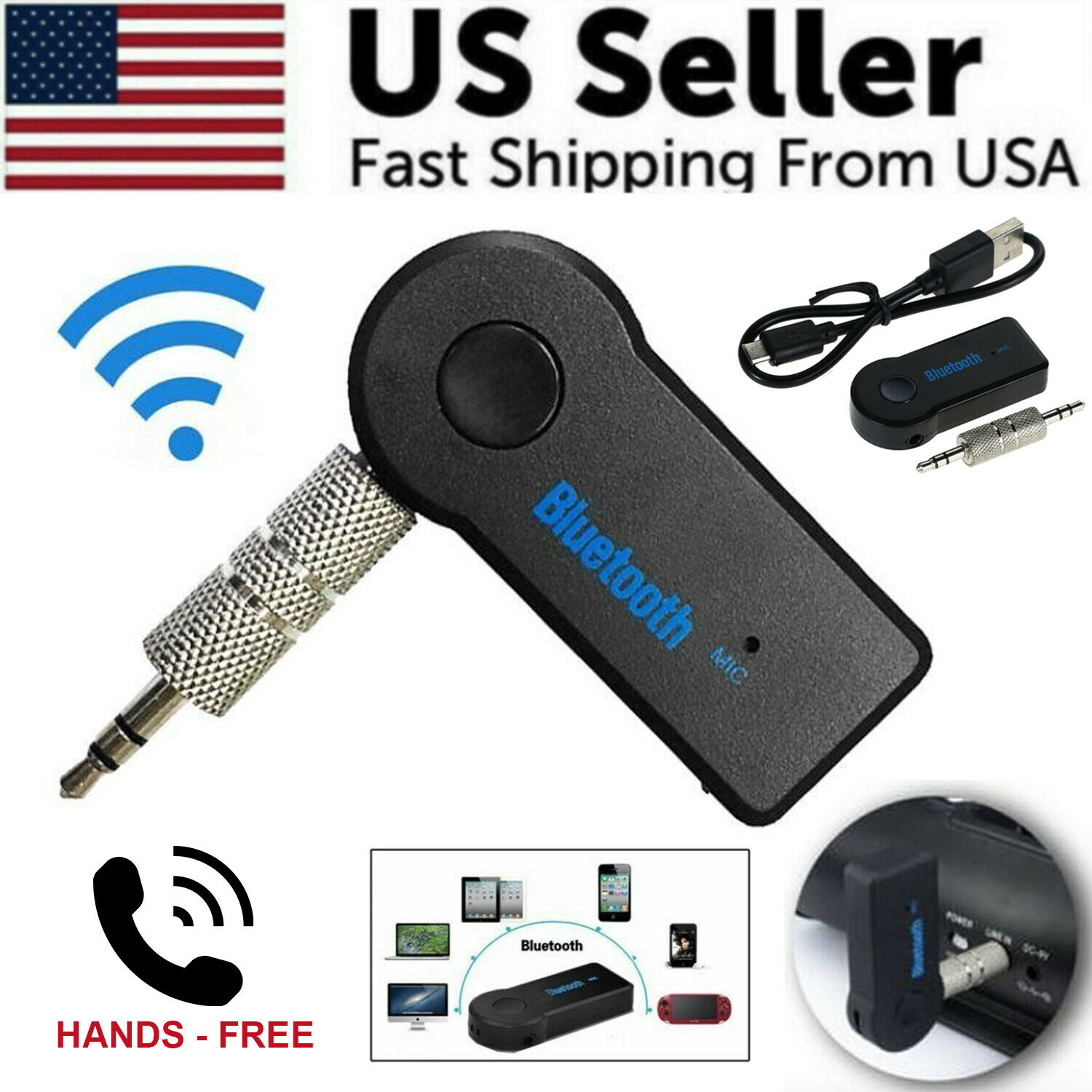 Wireless Bluetooth 3.5mm Aux Audio Stereo Music Home Car Receiver Adapter New