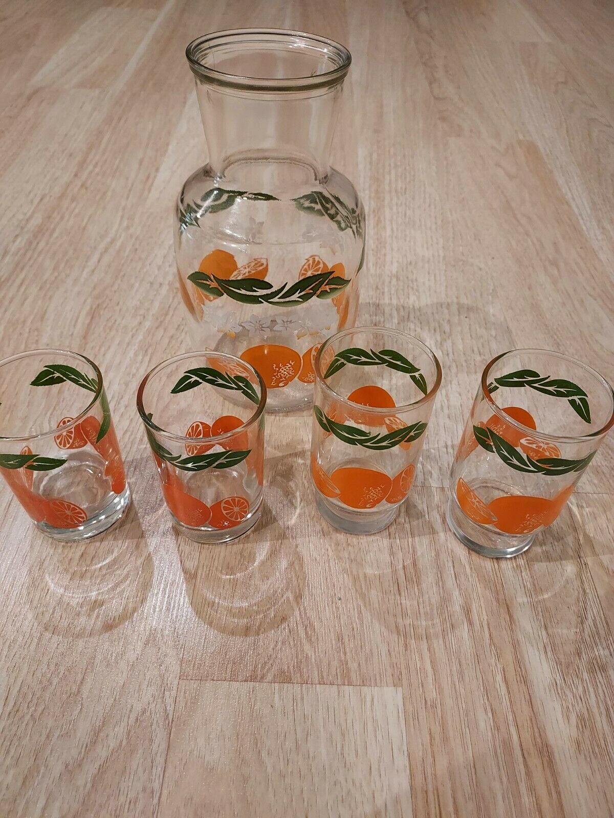 Vintage Libbey 5pc. Orange Juice Set Glasses Orange Slices Leaf Carafe Decanter