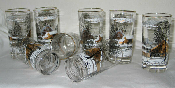 Vintage Set Of 8 Libbey Tumblers / Glasses Snow Sleigh Ride Farm / Ranch Winter